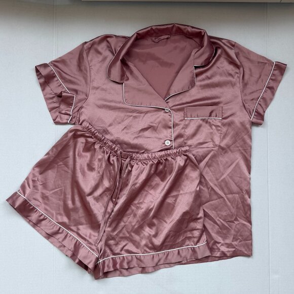 Rose Pink Satin Pajama Set – Short Sleeve Button Top & Shorts - Picture 1 of 5